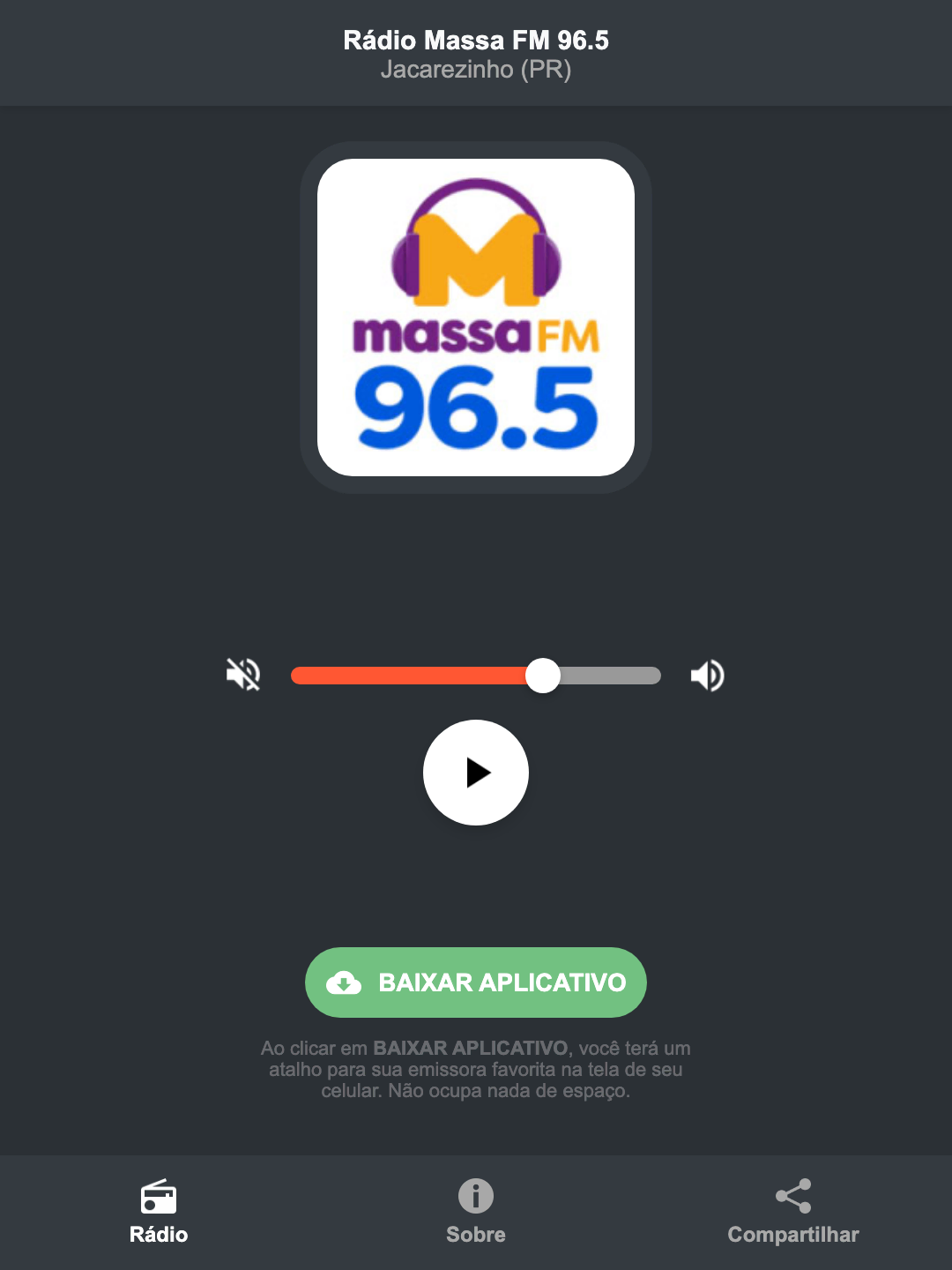 Screenshot do aplicativo da Rádio Massa FM 96.5