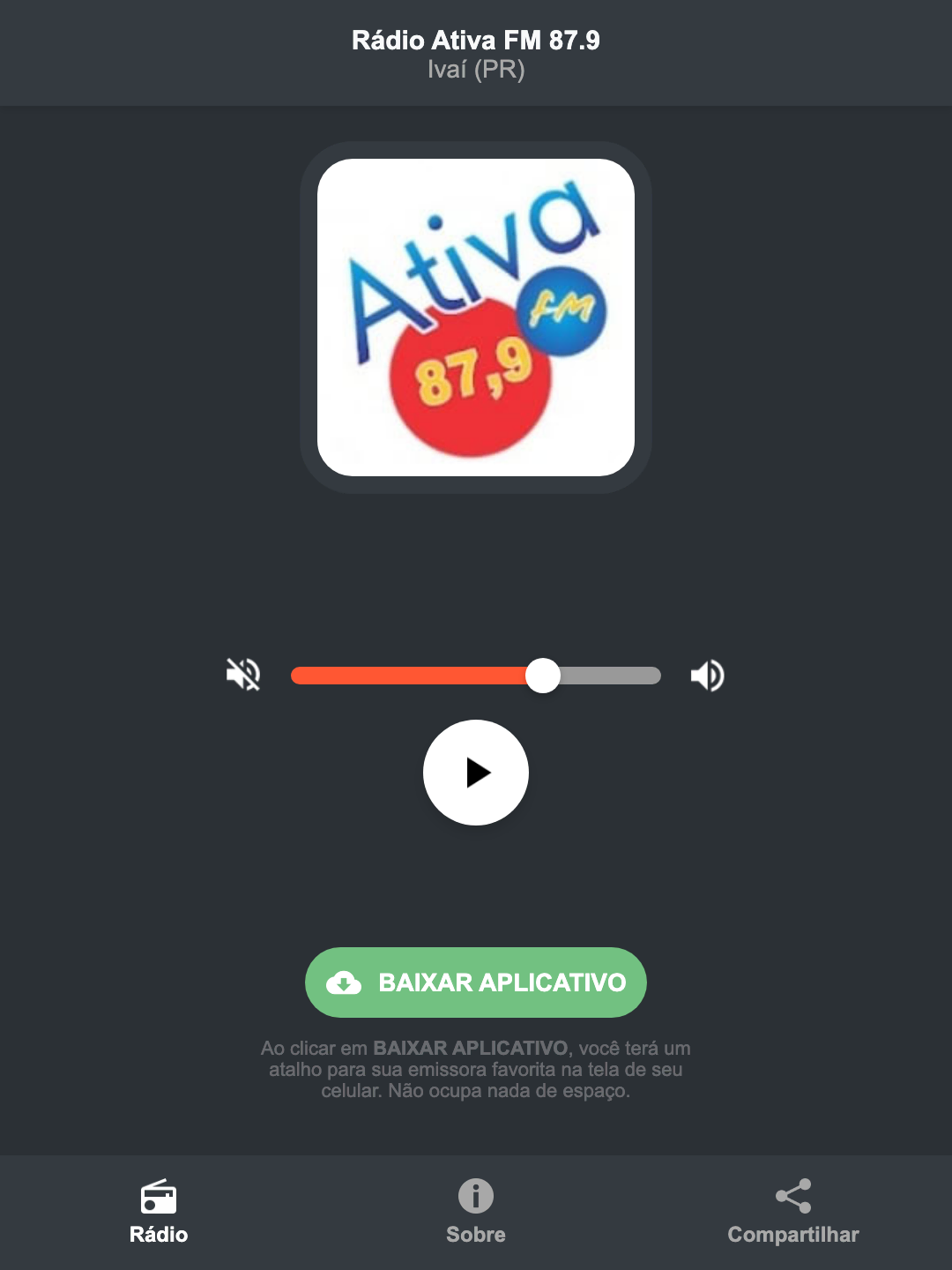 Screenshot do aplicativo da Rádio Ativa FM 87.9