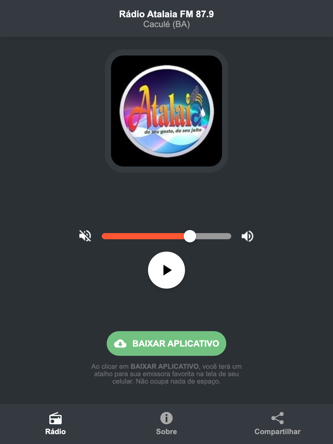 Screenshot do aplicativo da Rádio Atalaia FM 87.9