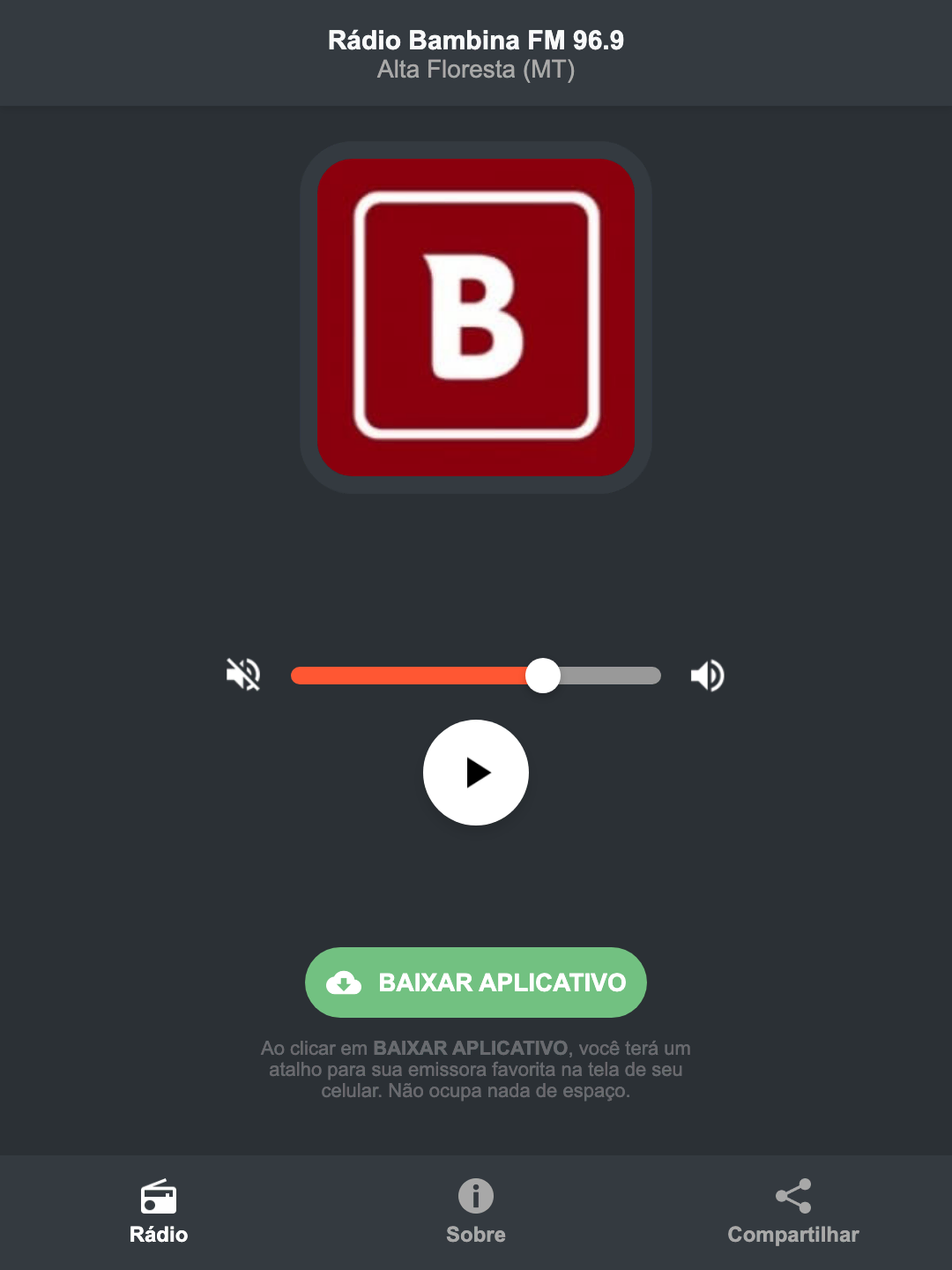 Screenshot do aplicativo da Rádio Bambina FM 96.9