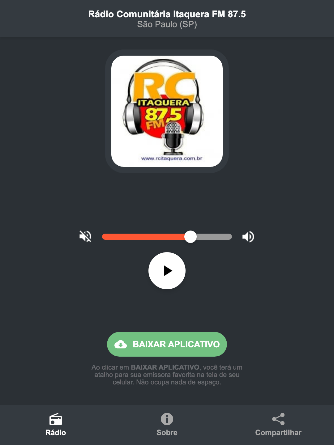 Screenshot do aplicativo da Rádio Comunitária Itaquera FM 87.5