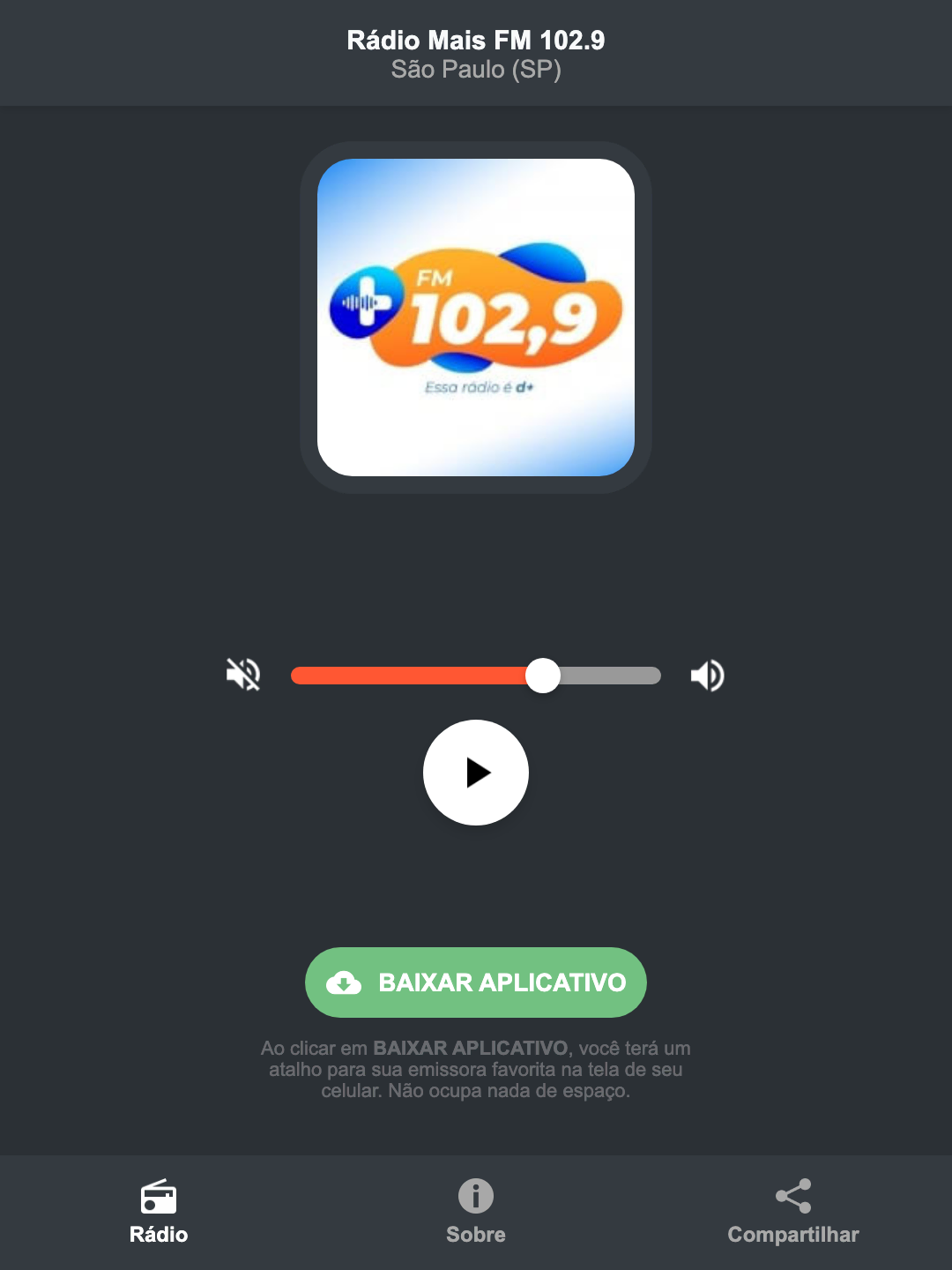 Screenshot do aplicativo da Rádio Mais FM 102.9