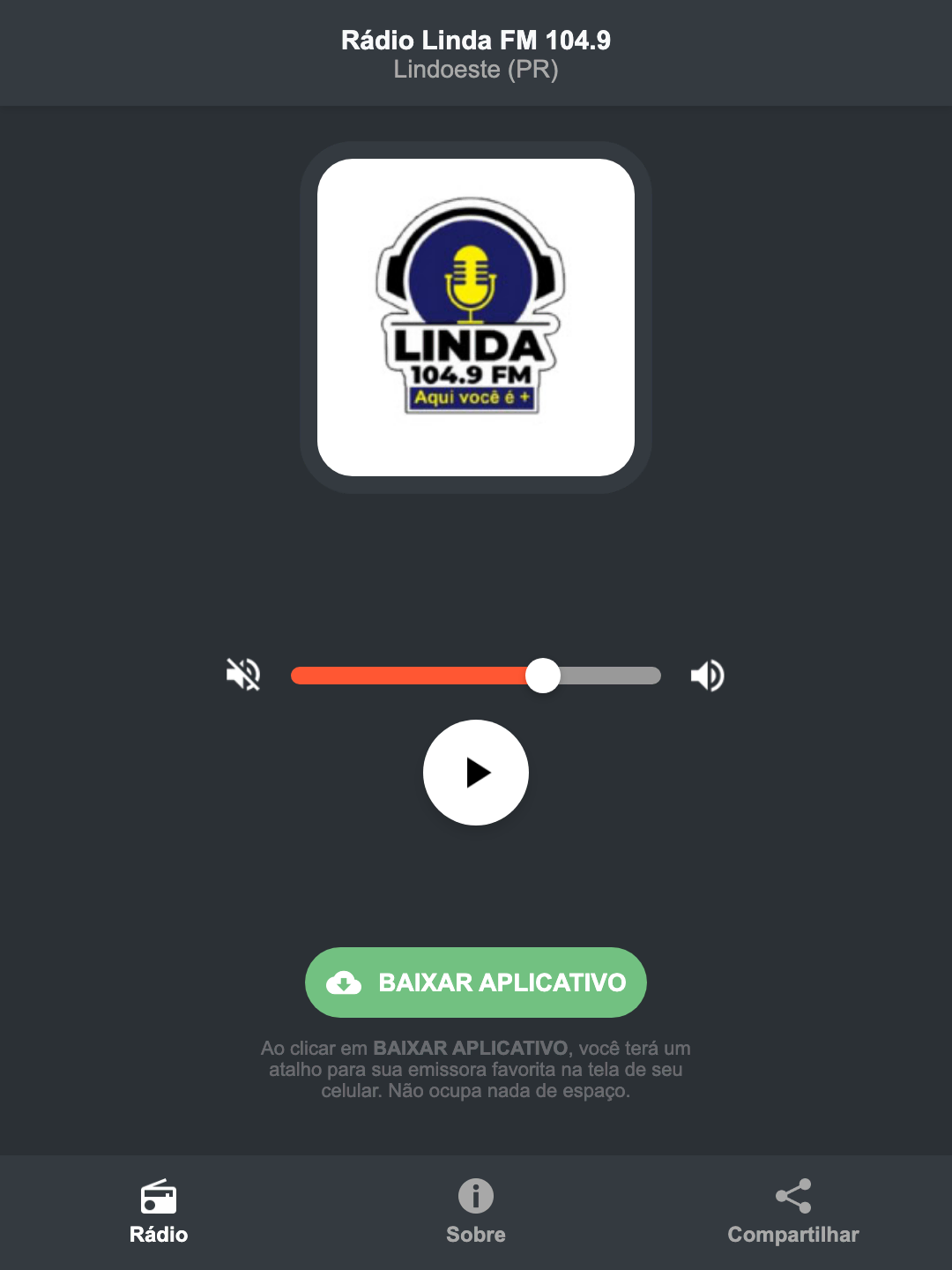 Screenshot do aplicativo da Rádio Linda FM 104.9