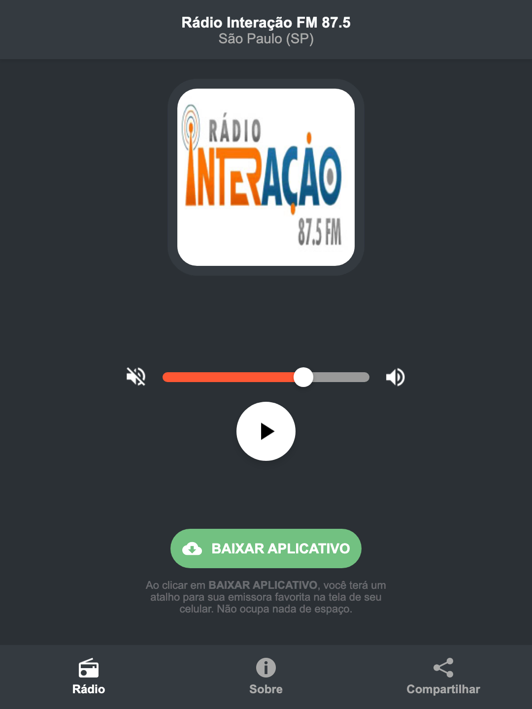Screenshot do aplicativo da Rádio Interação FM 87.5
