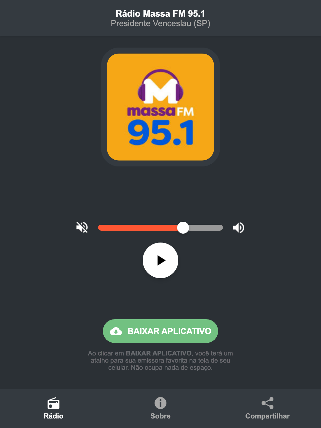Screenshot do aplicativo da Rádio Massa FM 95.1
