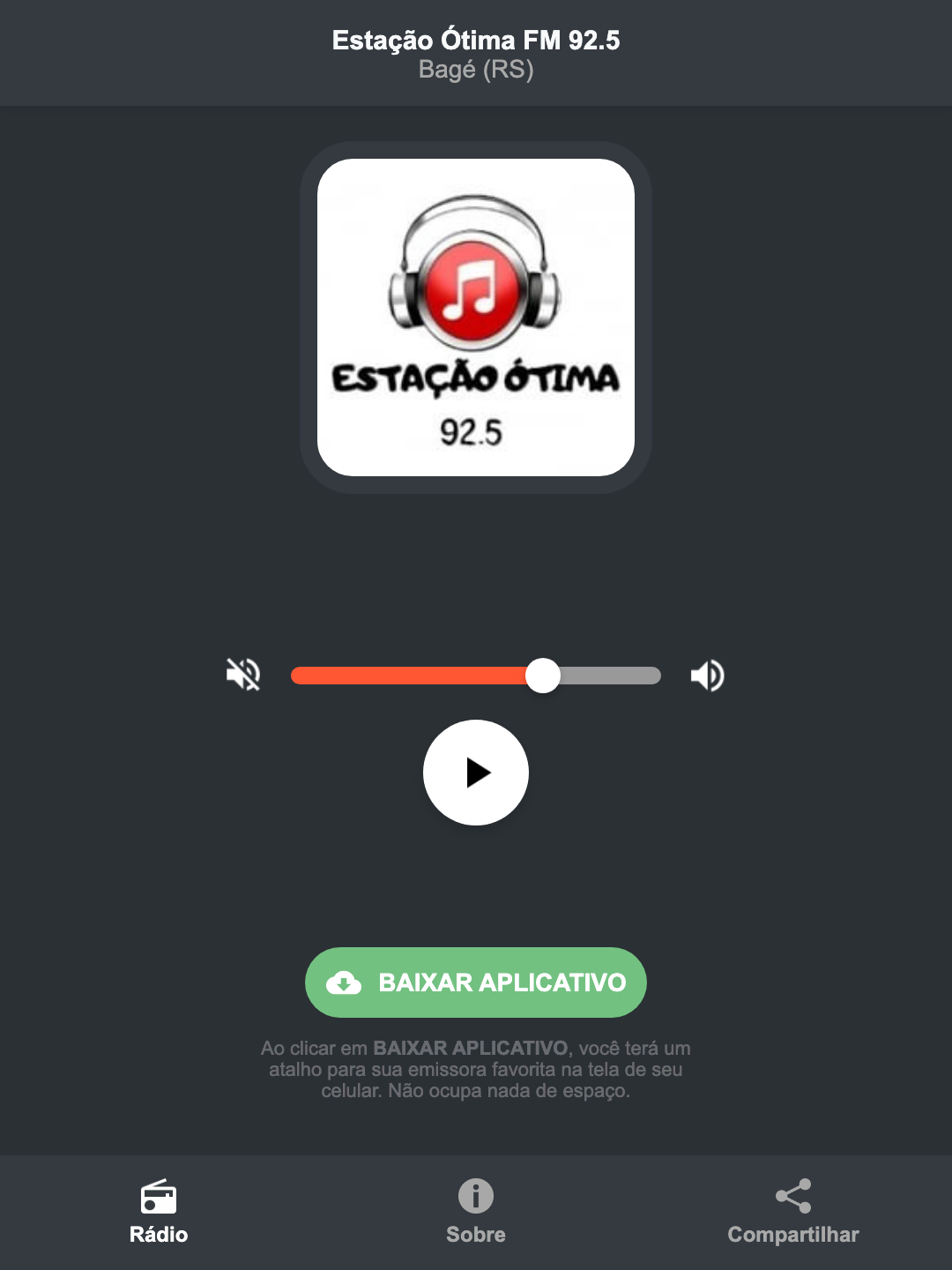 Screenshot do aplicativo da Estação Ótima FM 92.5