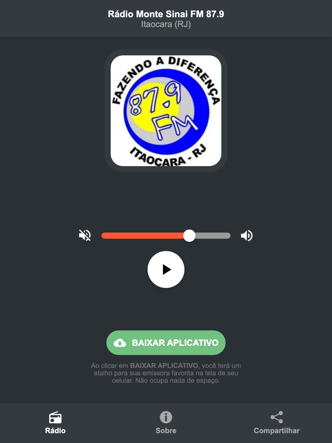 Screenshot do aplicativo da Rádio Monte Sinai FM 87.9