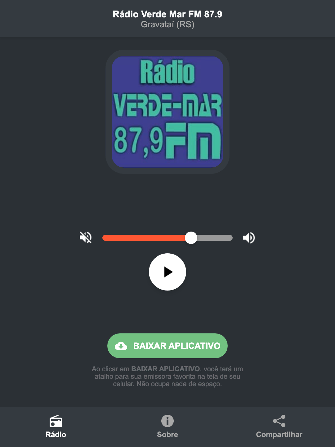 Screenshot do aplicativo da Rádio Verde Mar FM 87.9