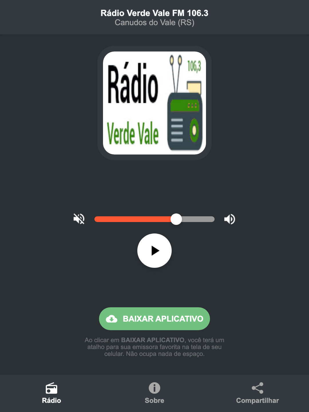 Screenshot do aplicativo da Rádio Verde Vale FM 106.3
