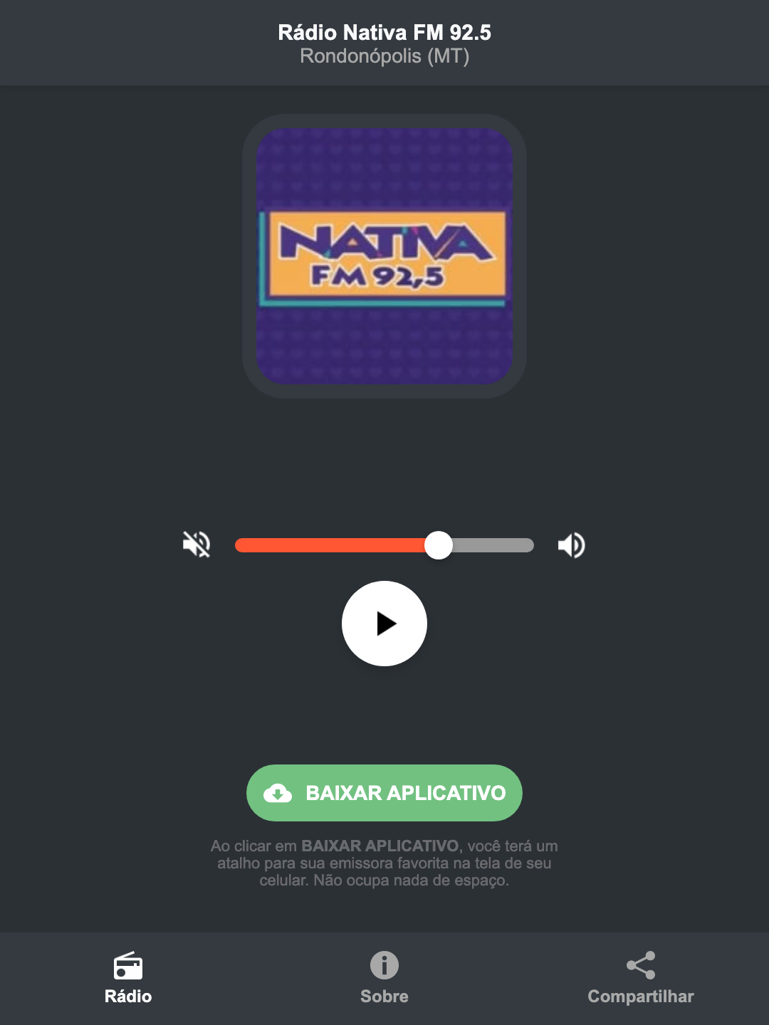 Screenshot do aplicativo da Rádio Nativa FM 92.5