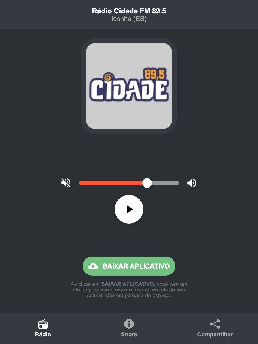 Screenshot do aplicativo da Rádio Cidade FM 89.5