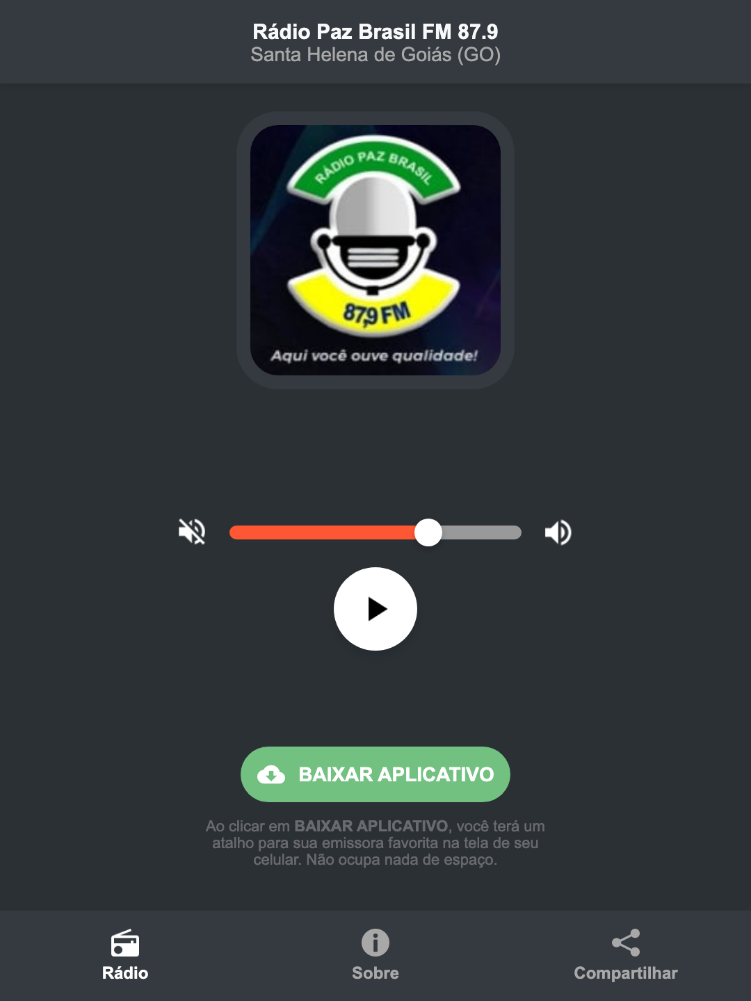 Screenshot do aplicativo da Rádio Paz Brasil FM 87.9