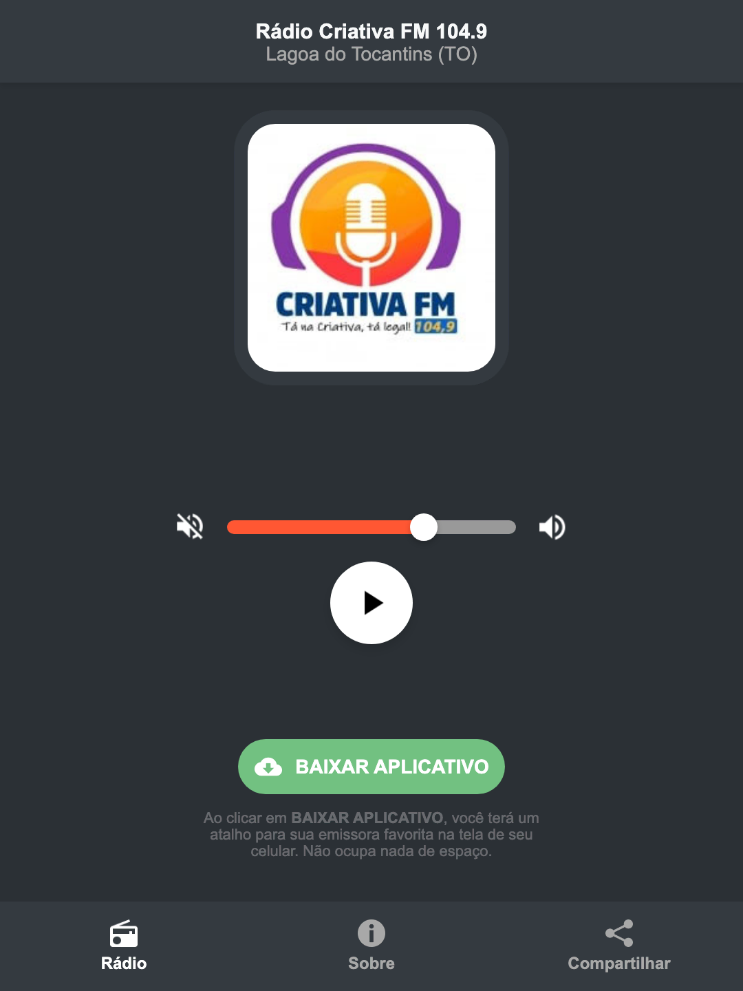 Screenshot do aplicativo da Rádio Criativa FM 104.9