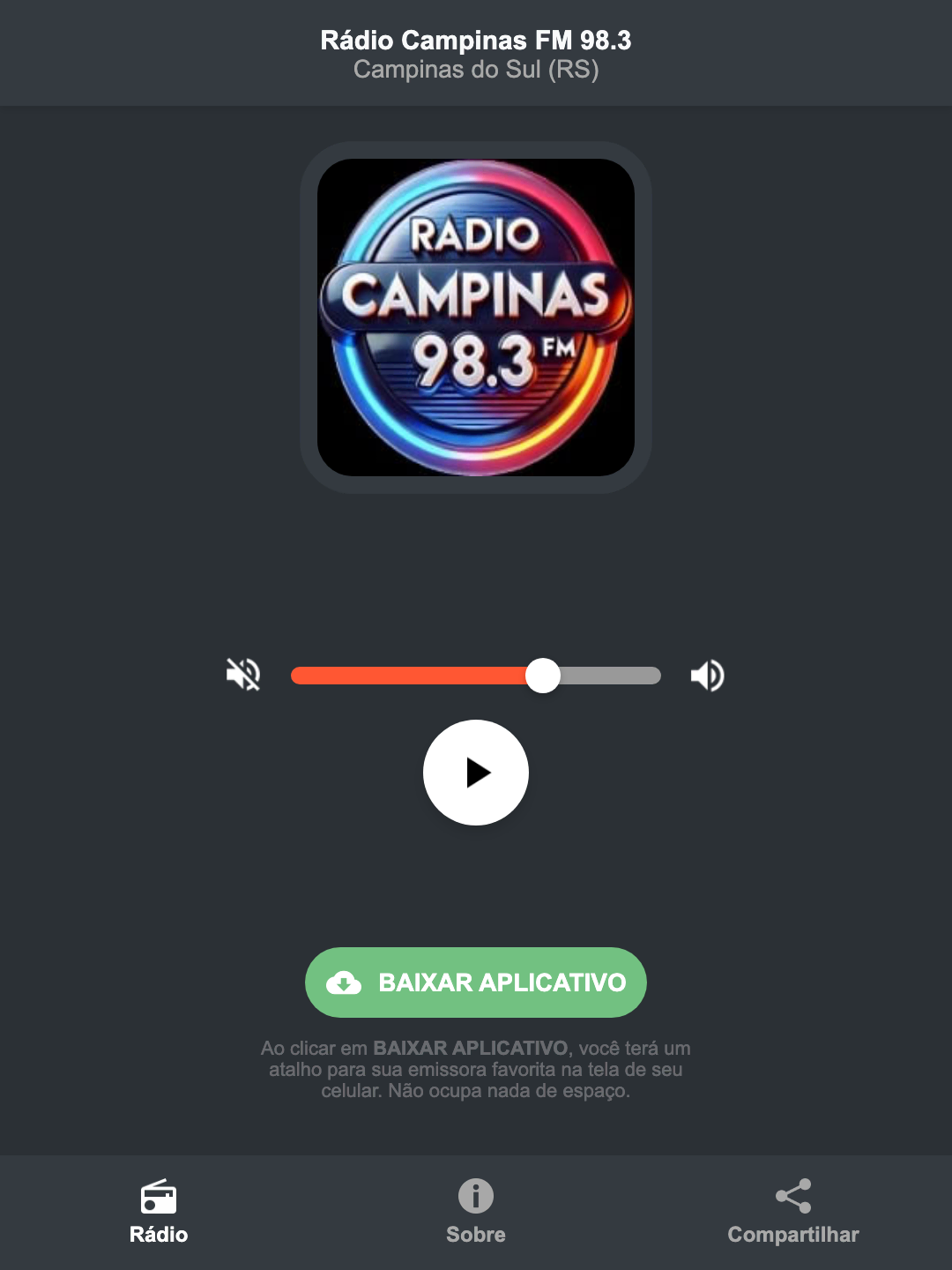 Screenshot do aplicativo da Rádio Campinas FM 98.3