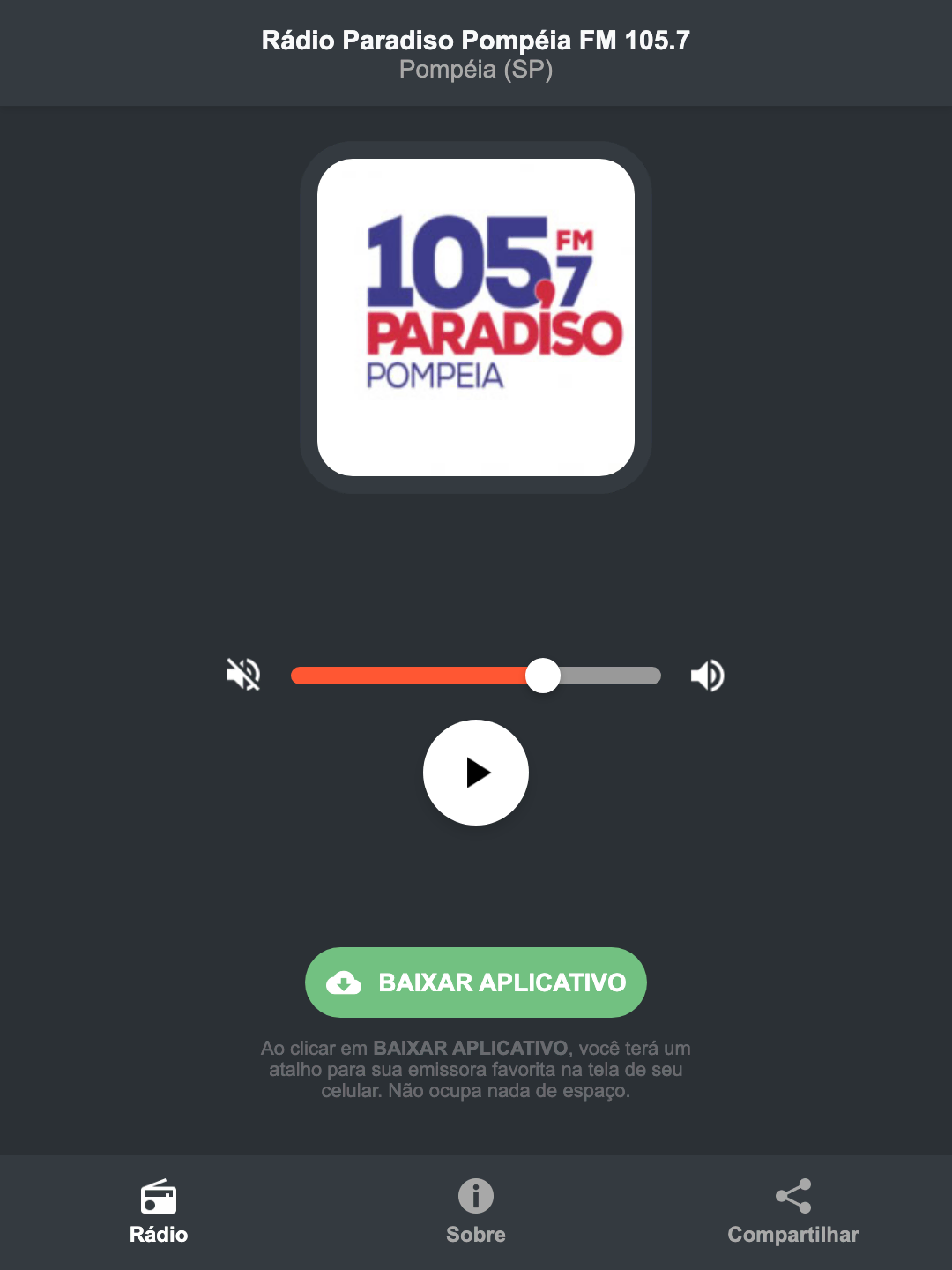 Screenshot do aplicativo da Rádio Paradiso Pompéia FM 105.7