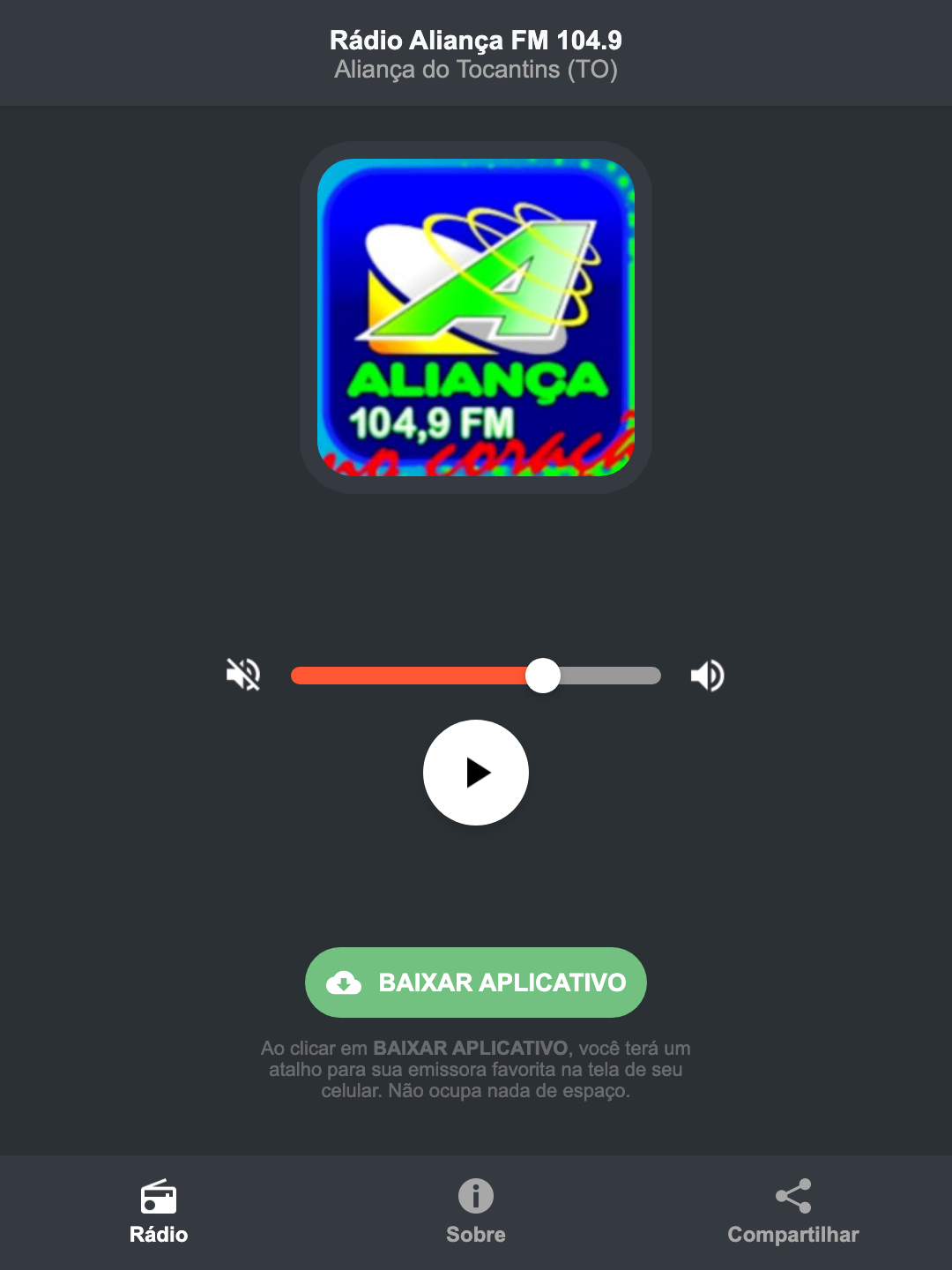 Screenshot do aplicativo da Rádio Aliança FM 104.9
