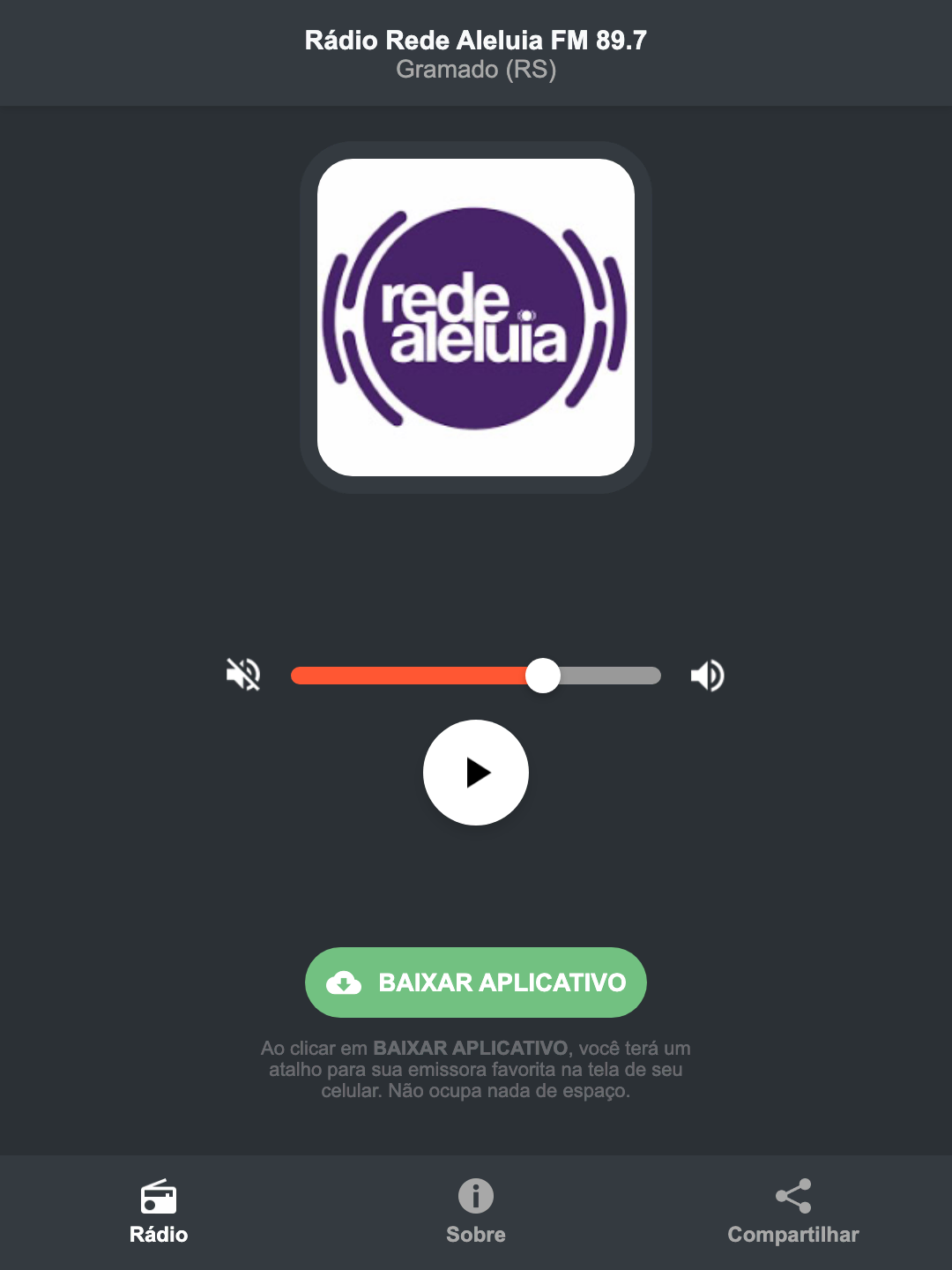 Screenshot do aplicativo da Rádio Rede Aleluia FM 89.7