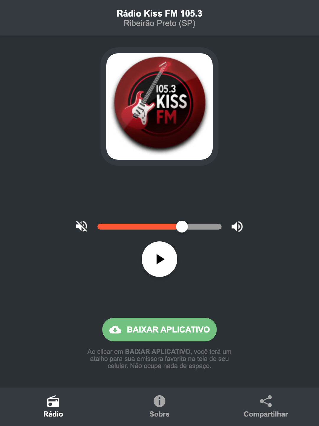 Screenshot do aplicativo da Rádio Kiss FM 105.3