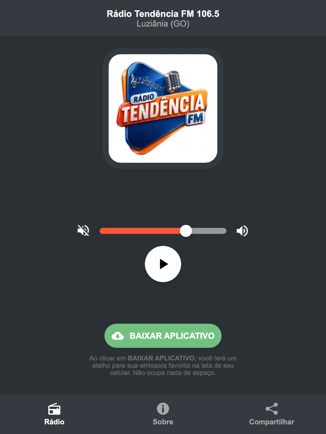 Screenshot do aplicativo da Rádio Tendência FM 106.5