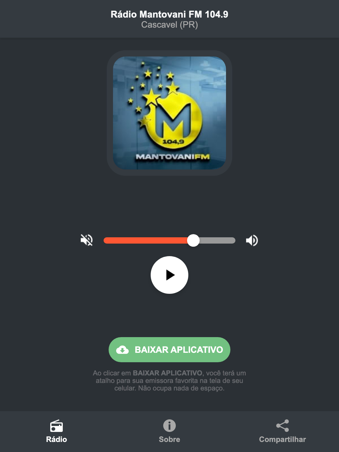 Screenshot do aplicativo da Rádio Mantovani FM 104.9