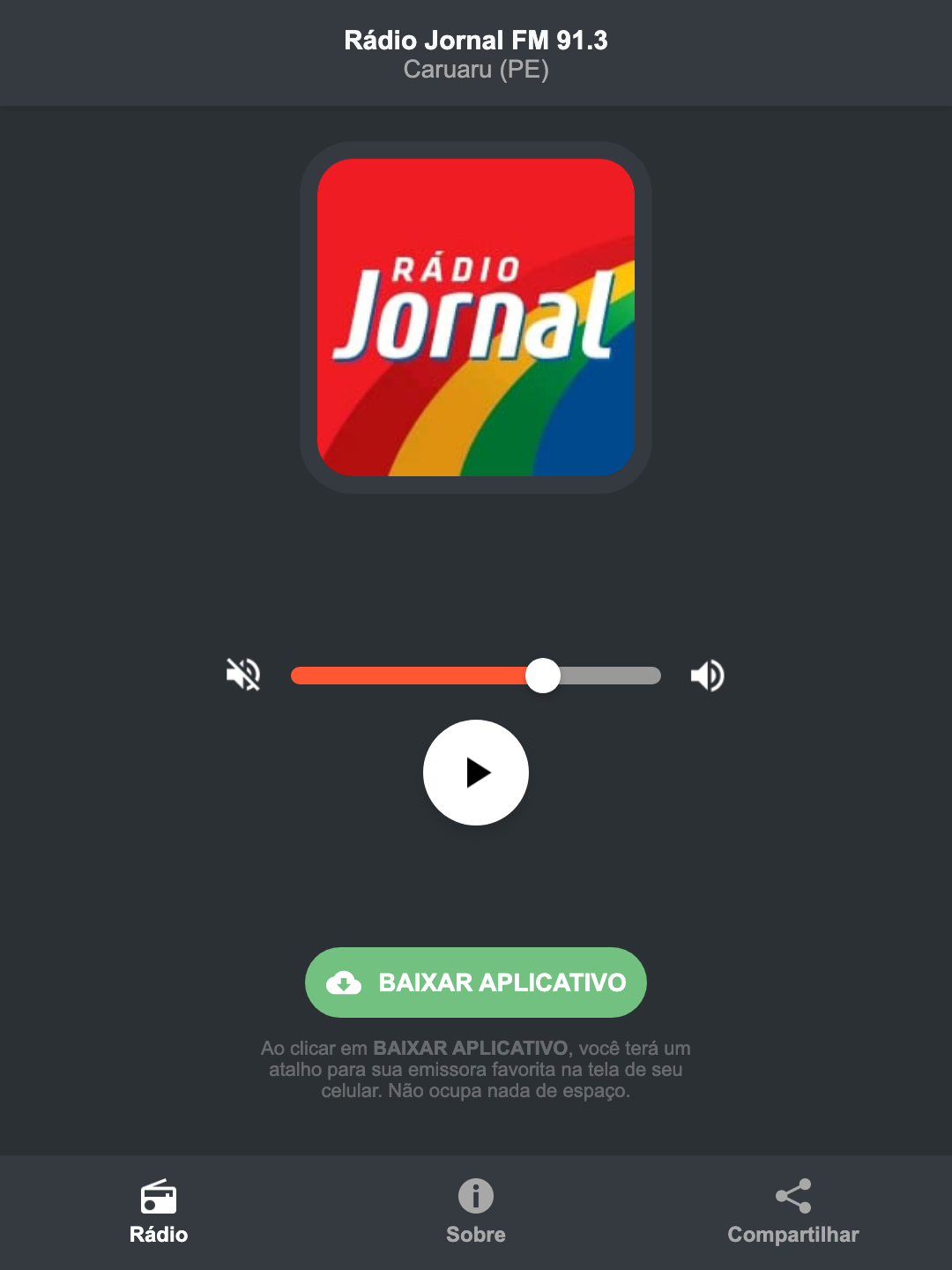 Screenshot do aplicativo da Rádio Jornal FM 91.3