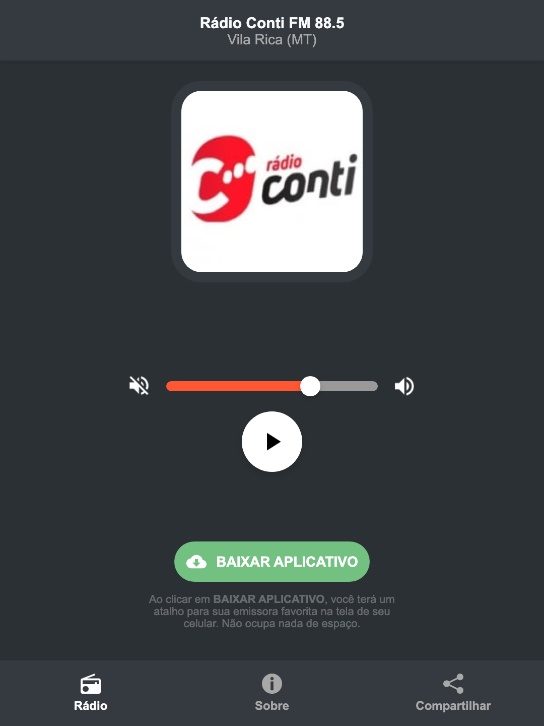 Screenshot do aplicativo da Rádio Conti FM 88.5