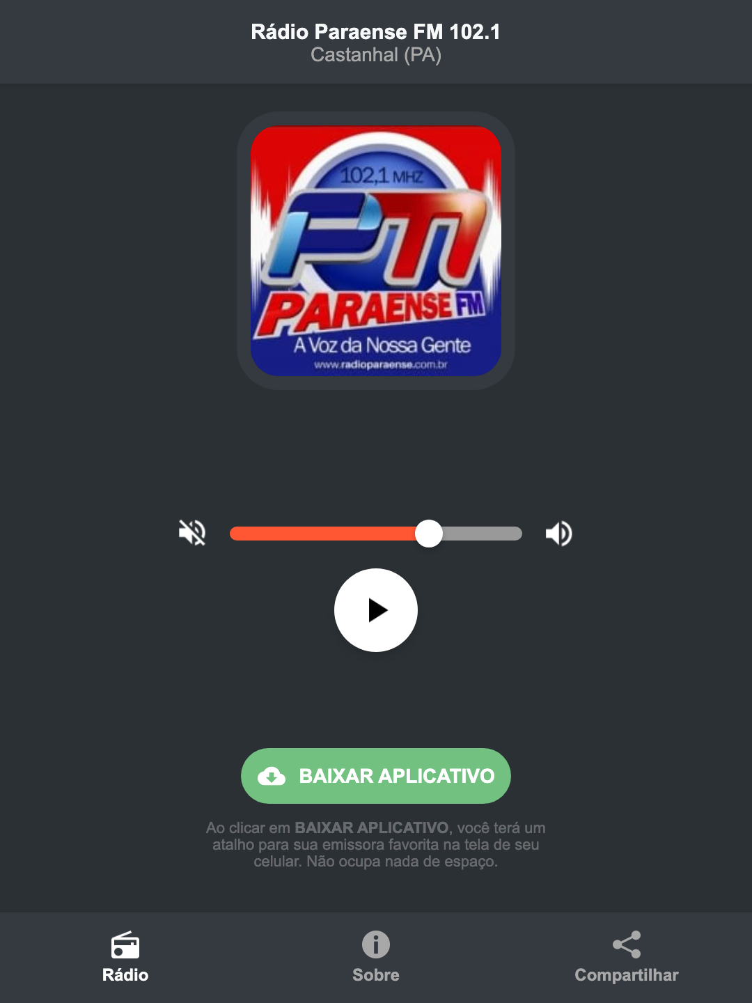 Screenshot do aplicativo da Rádio Paraense FM 102.1