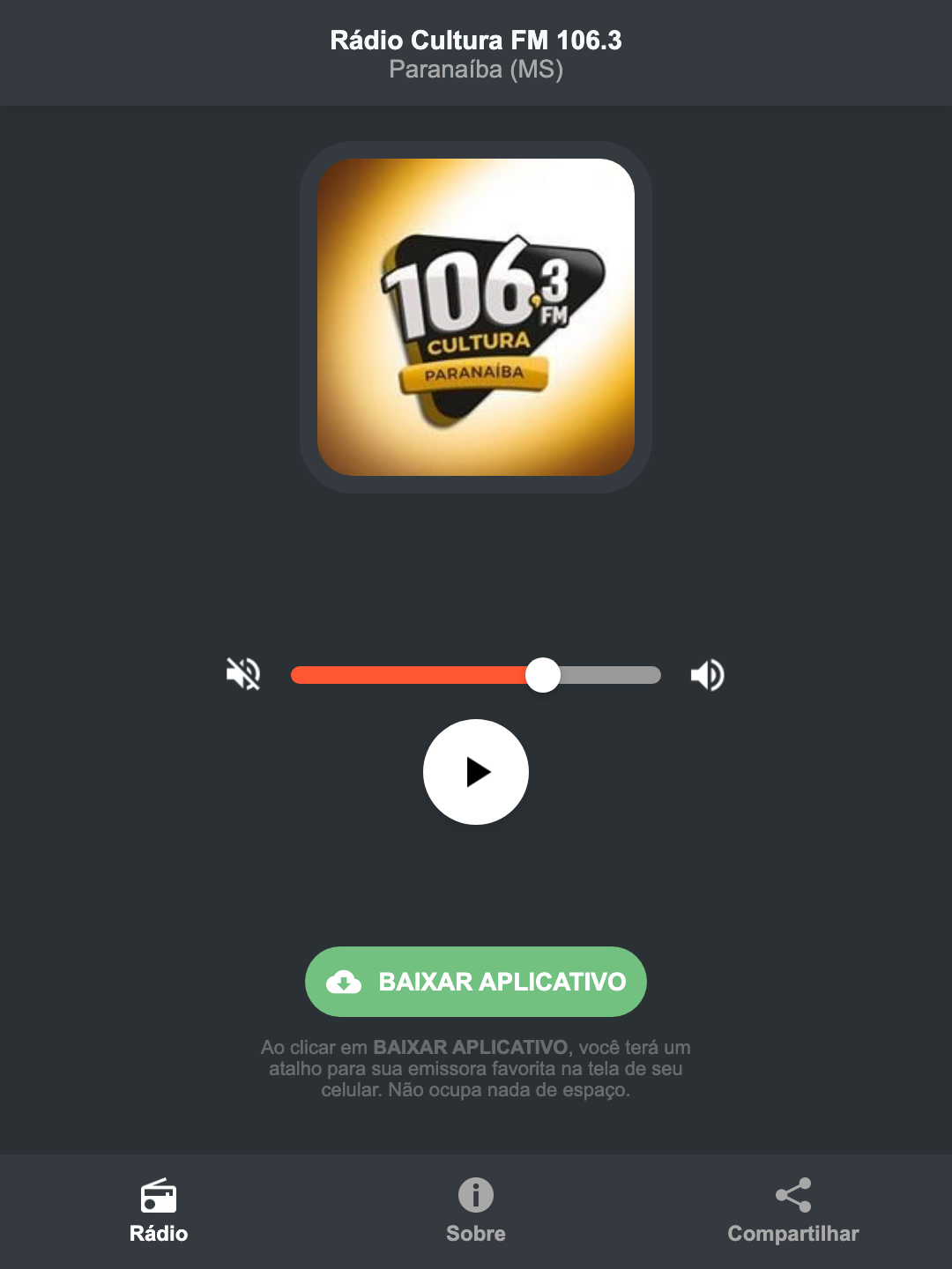 Screenshot do aplicativo da Rádio Cultura FM 106.3