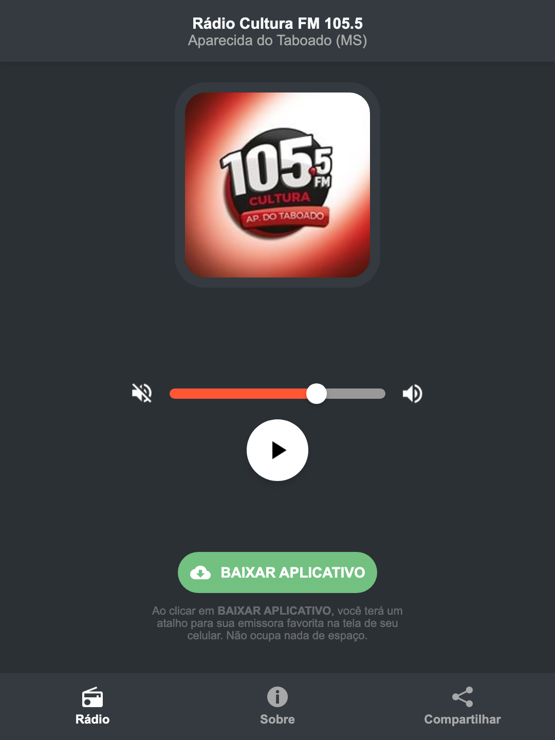 Screenshot do aplicativo da Rádio Cultura FM 105.5