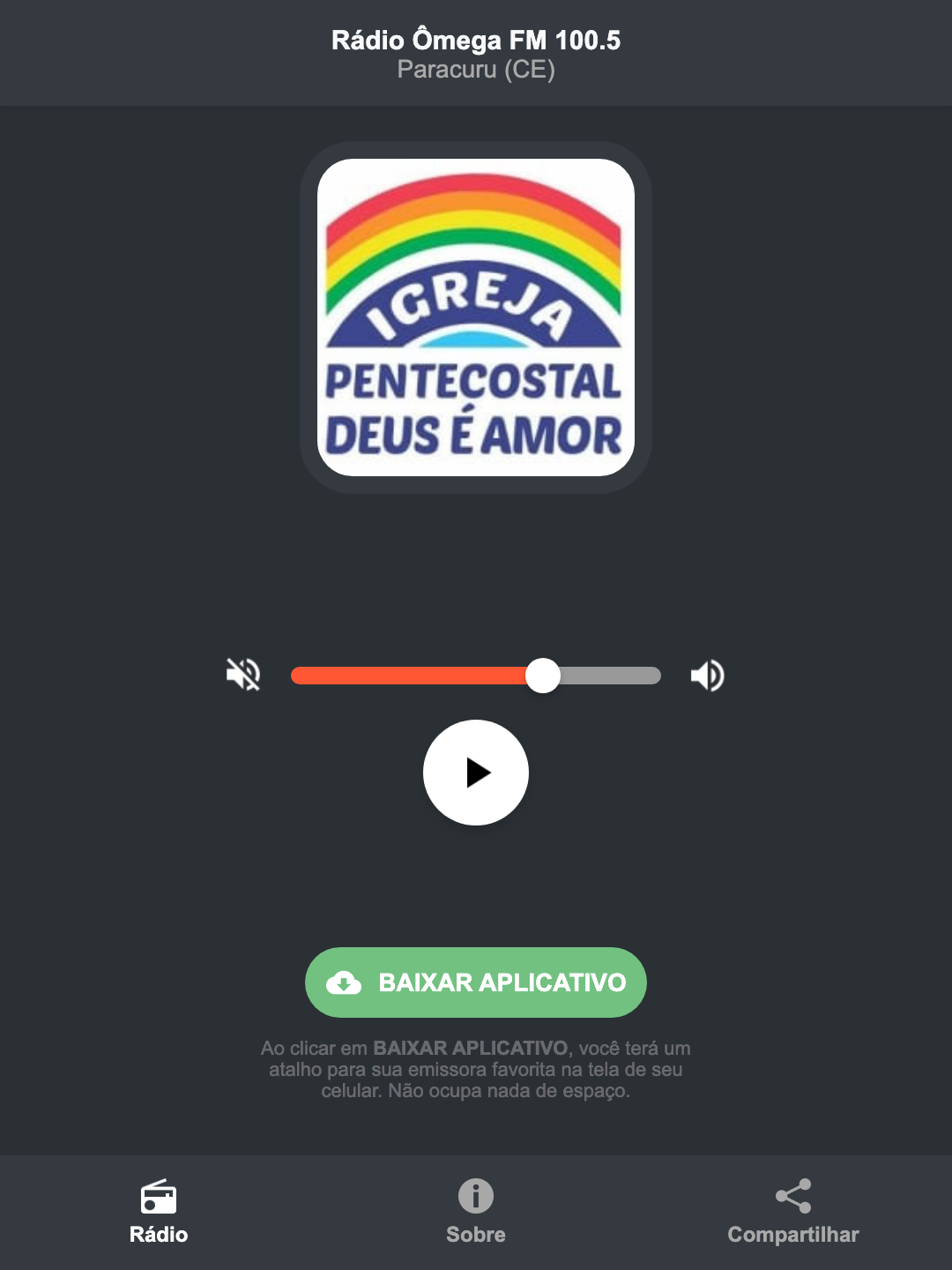 Screenshot do aplicativo da Rádio Ômega FM 100.5