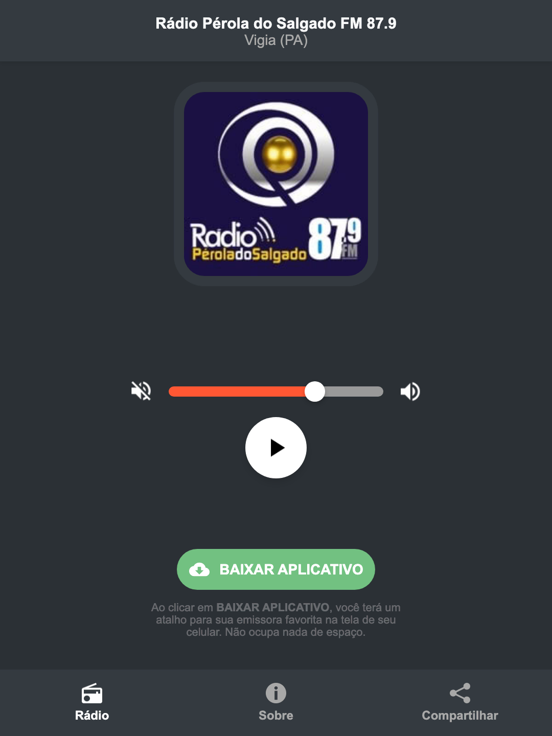 Screenshot do aplicativo da Rádio Pérola do Salgado FM 87.9