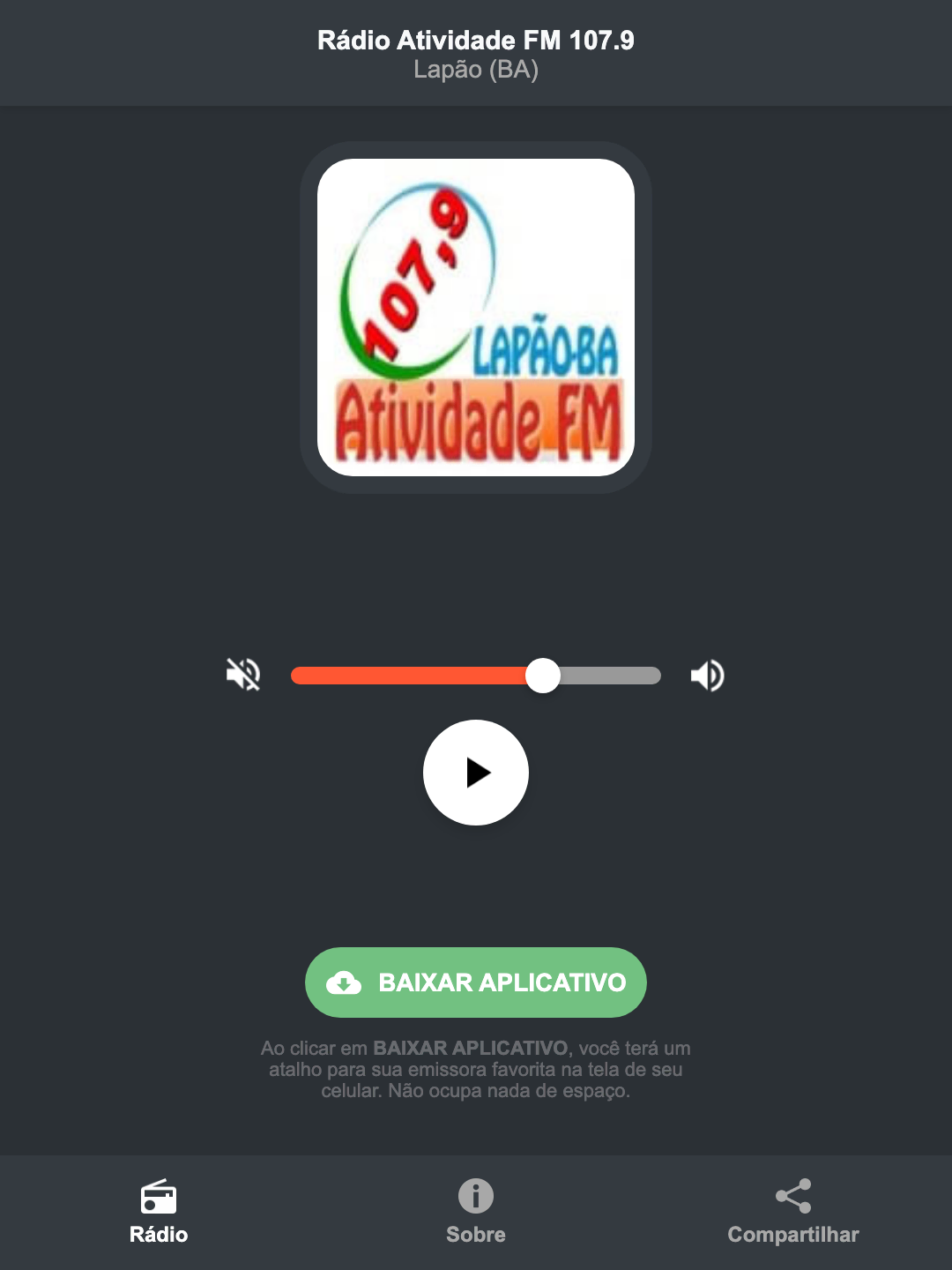 Screenshot do aplicativo da Rádio Atividade FM 107.9