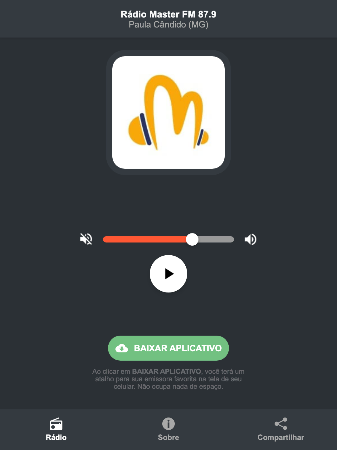 Screenshot do aplicativo da Rádio Master FM 87.9