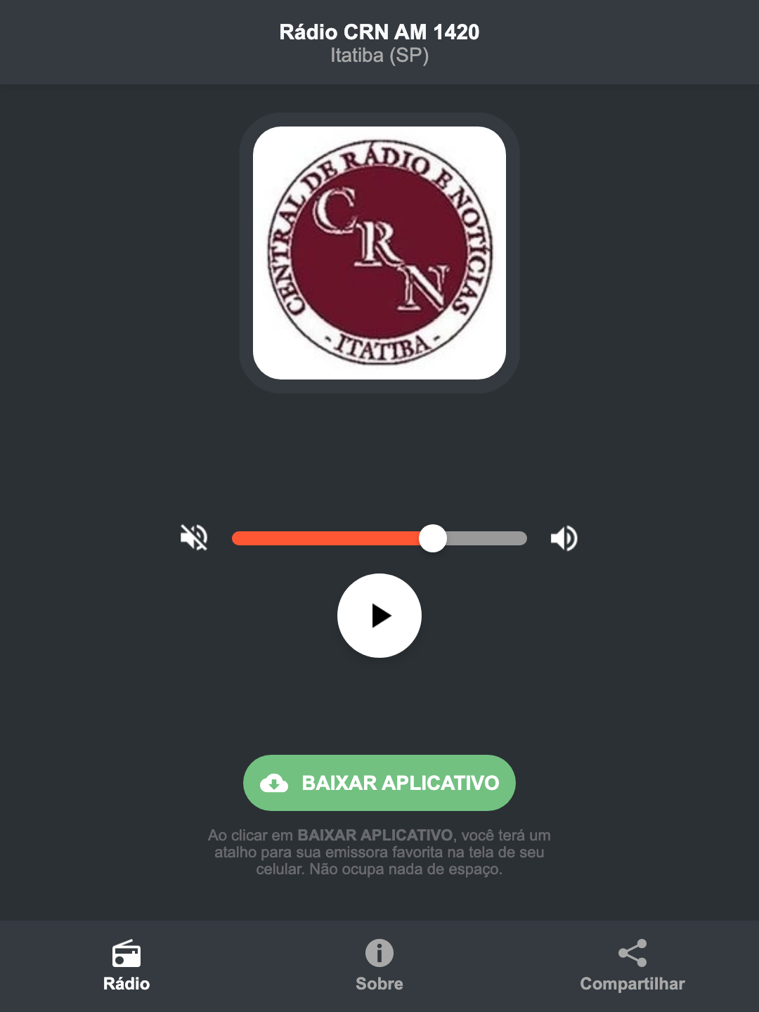Screenshot do aplicativo da Rádio CRN AM 1420