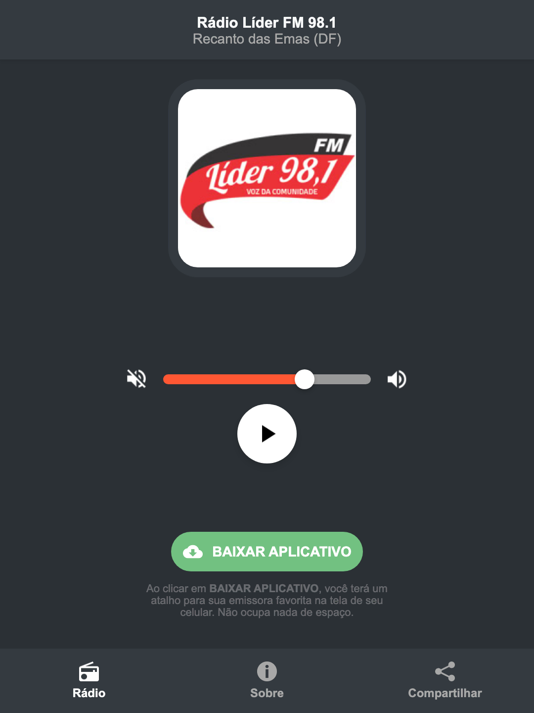 Screenshot do aplicativo da Rádio Líder FM 98.1