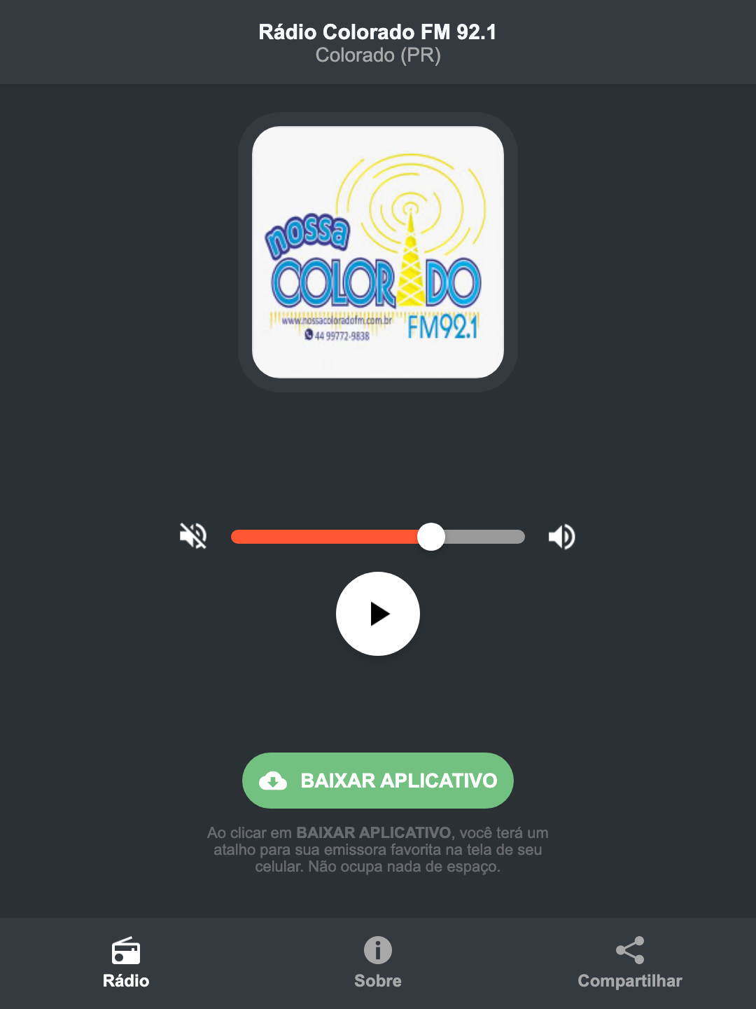 Screenshot do aplicativo da Rádio Colorado FM 92.1