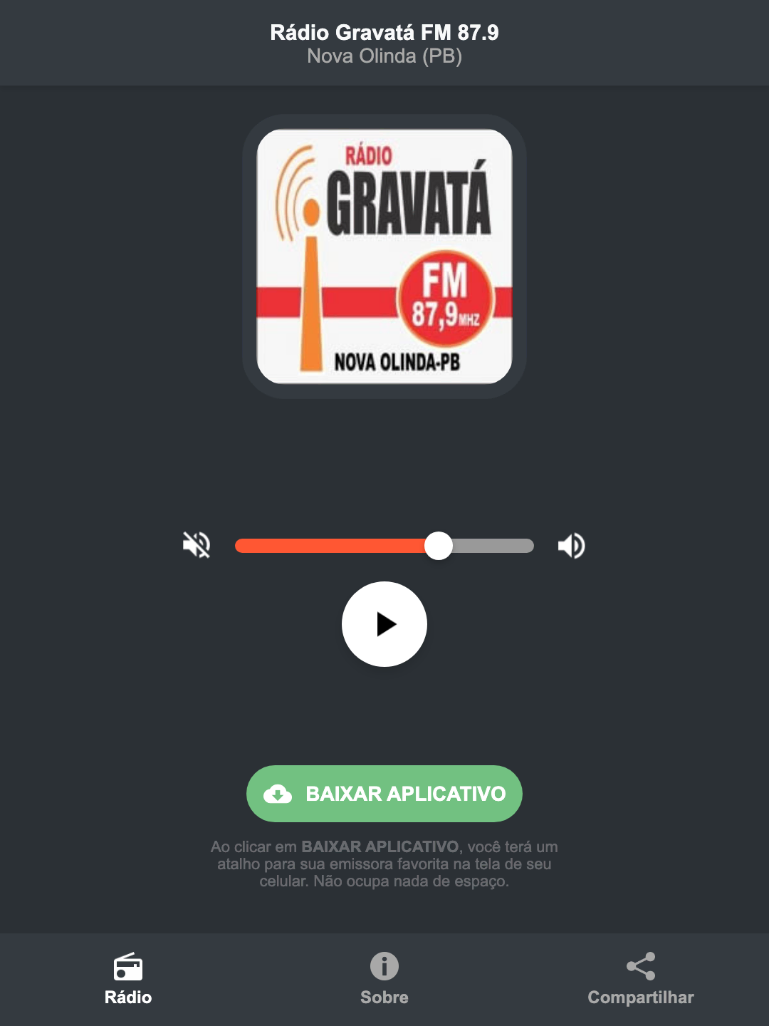 Screenshot do aplicativo da Rádio Gravatá FM 87.9