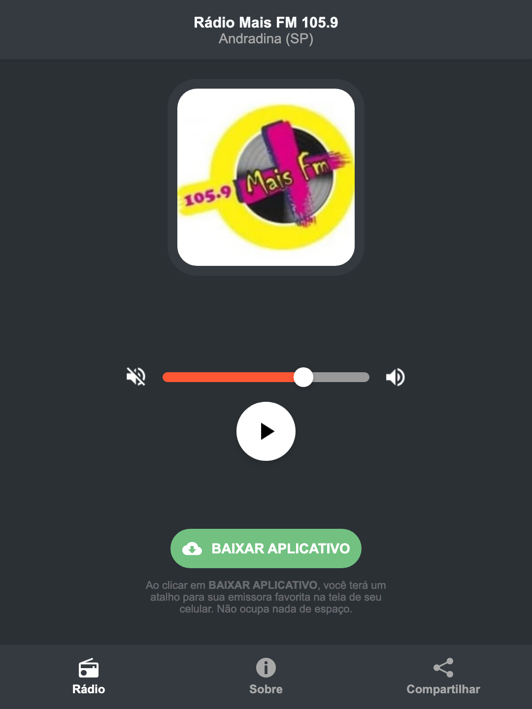 Screenshot do aplicativo da Rádio Mais FM 105.9