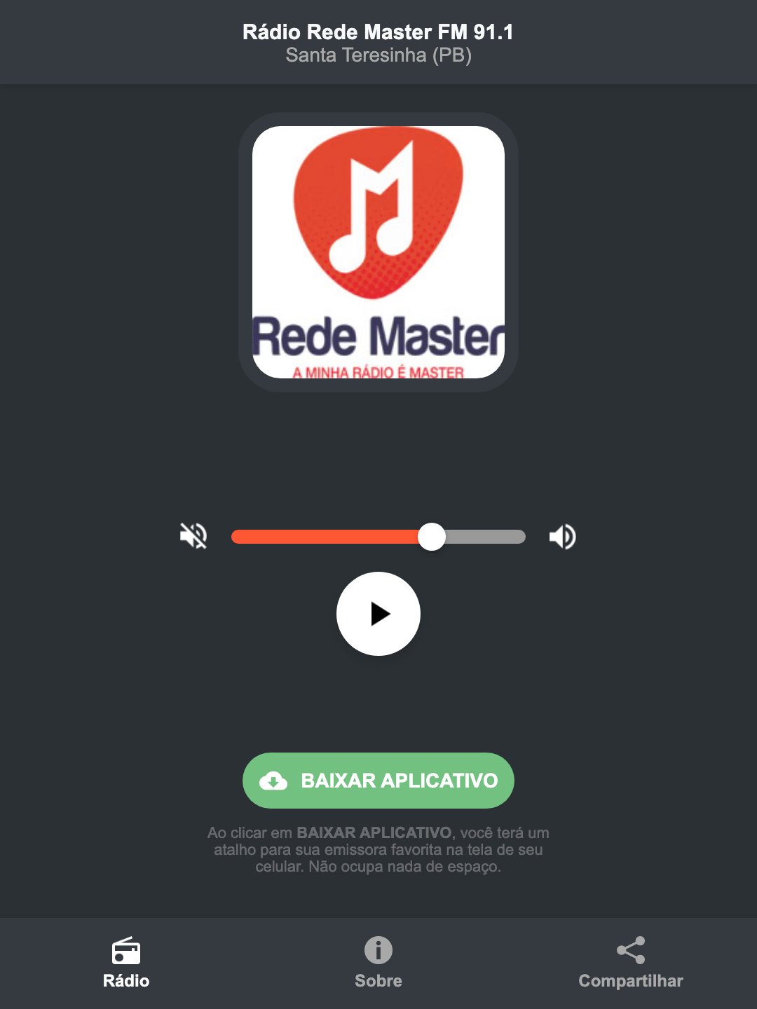 Screenshot do aplicativo da Rádio Rede Master FM 91.1