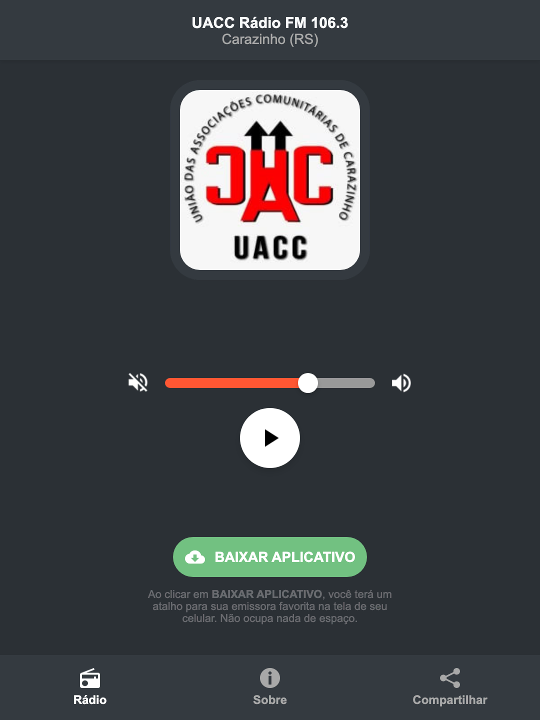 Screenshot do aplicativo da UACC Rádio FM 106.3