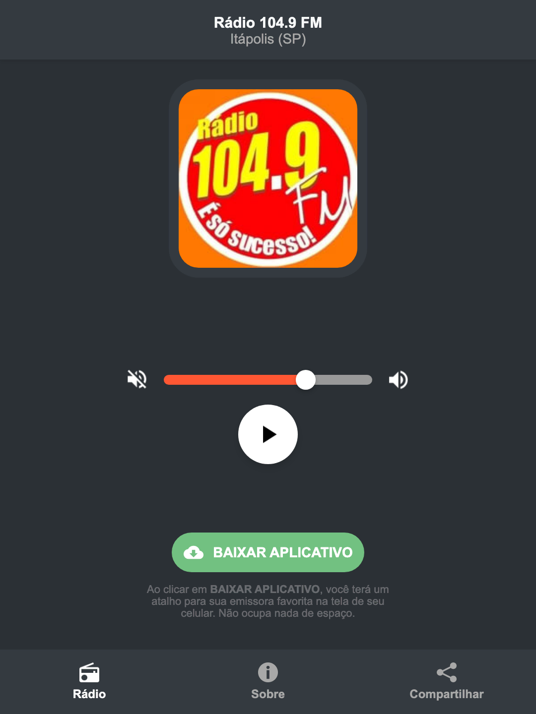 Screenshot do aplicativo da Rádio 104.9 FM
