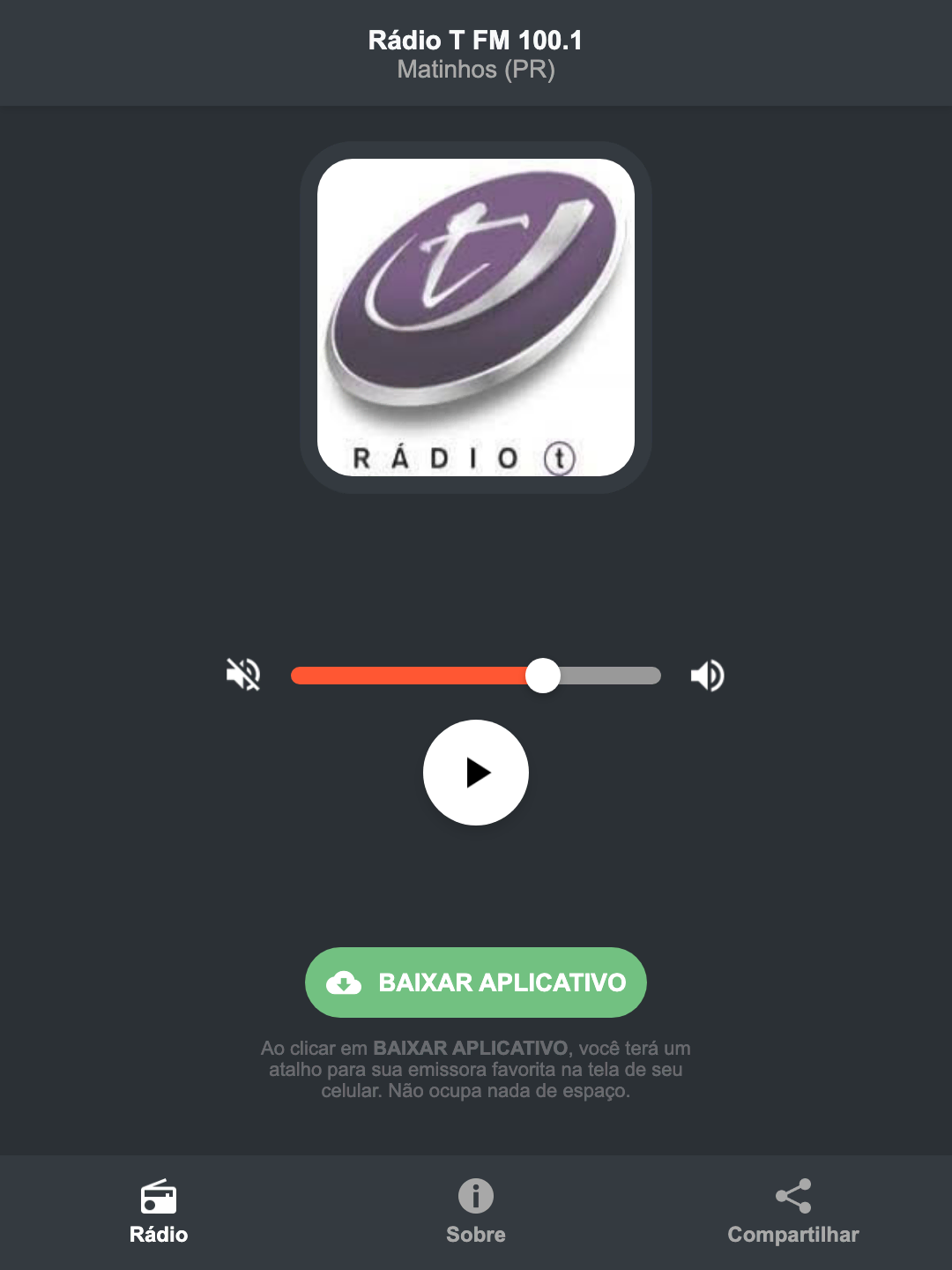 Screenshot do aplicativo da Rádio T FM 100.1