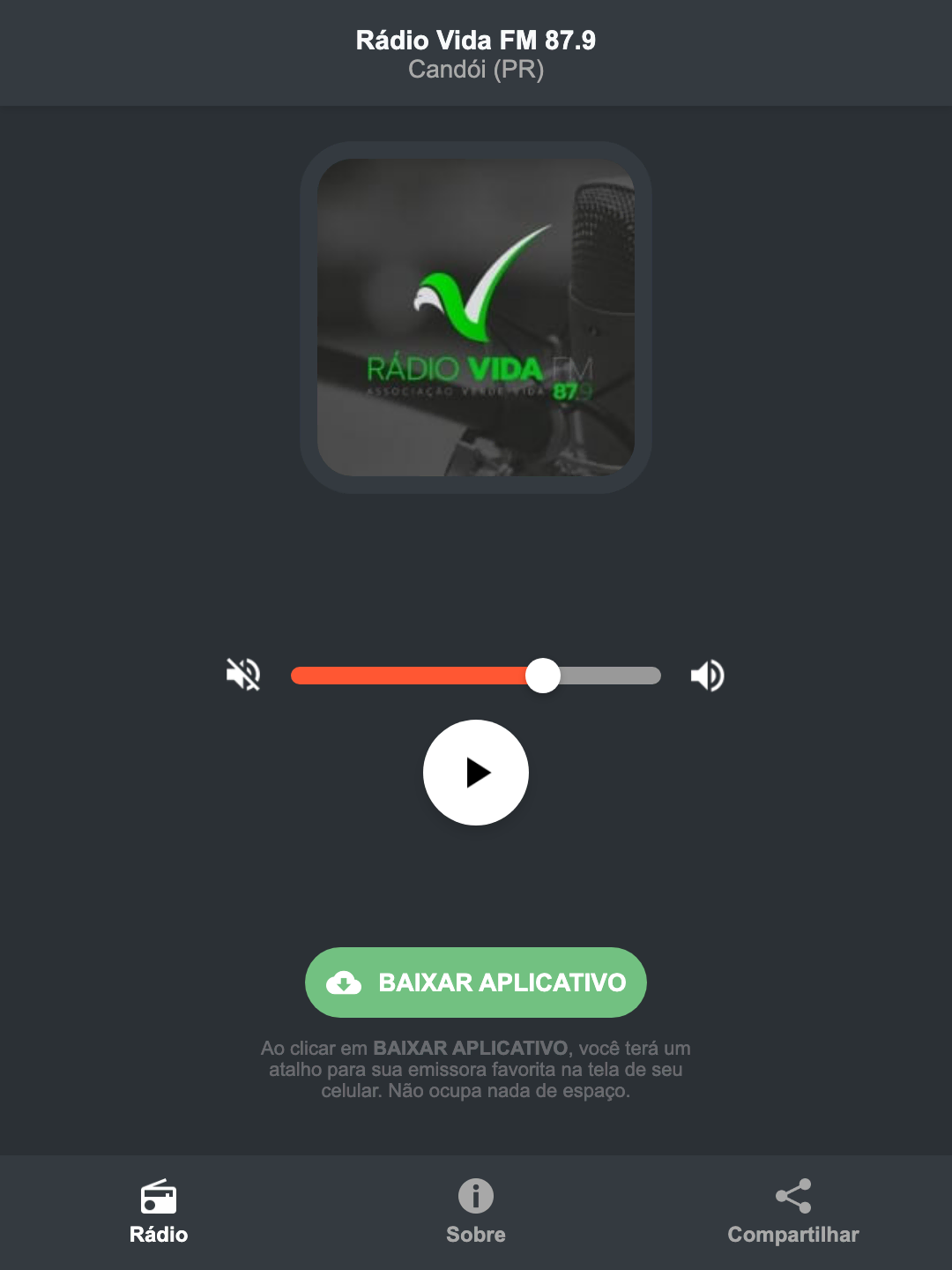 Screenshot do aplicativo da Rádio Vida FM 87.9