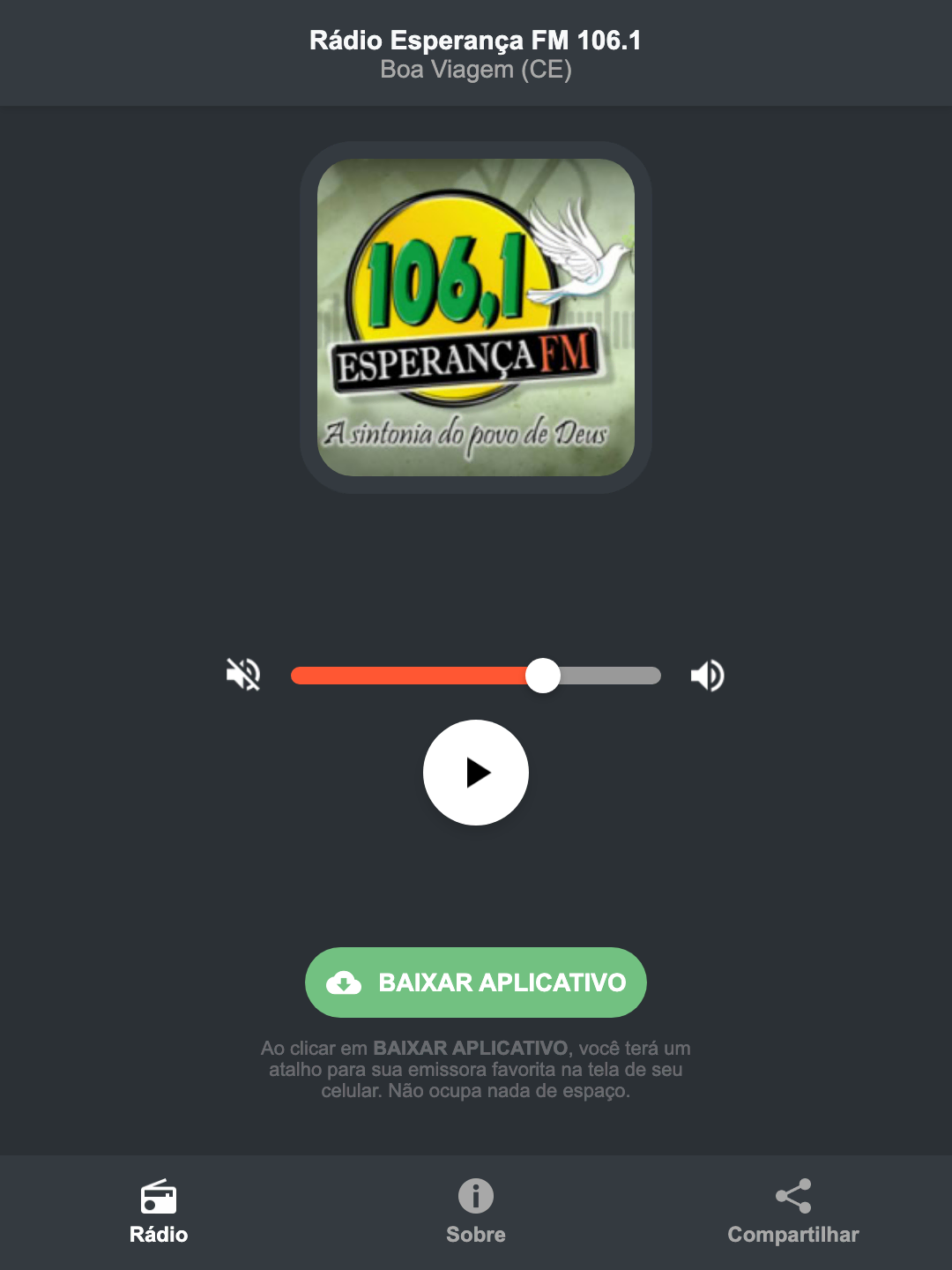 Screenshot do aplicativo da Rádio Esperança FM 106.1