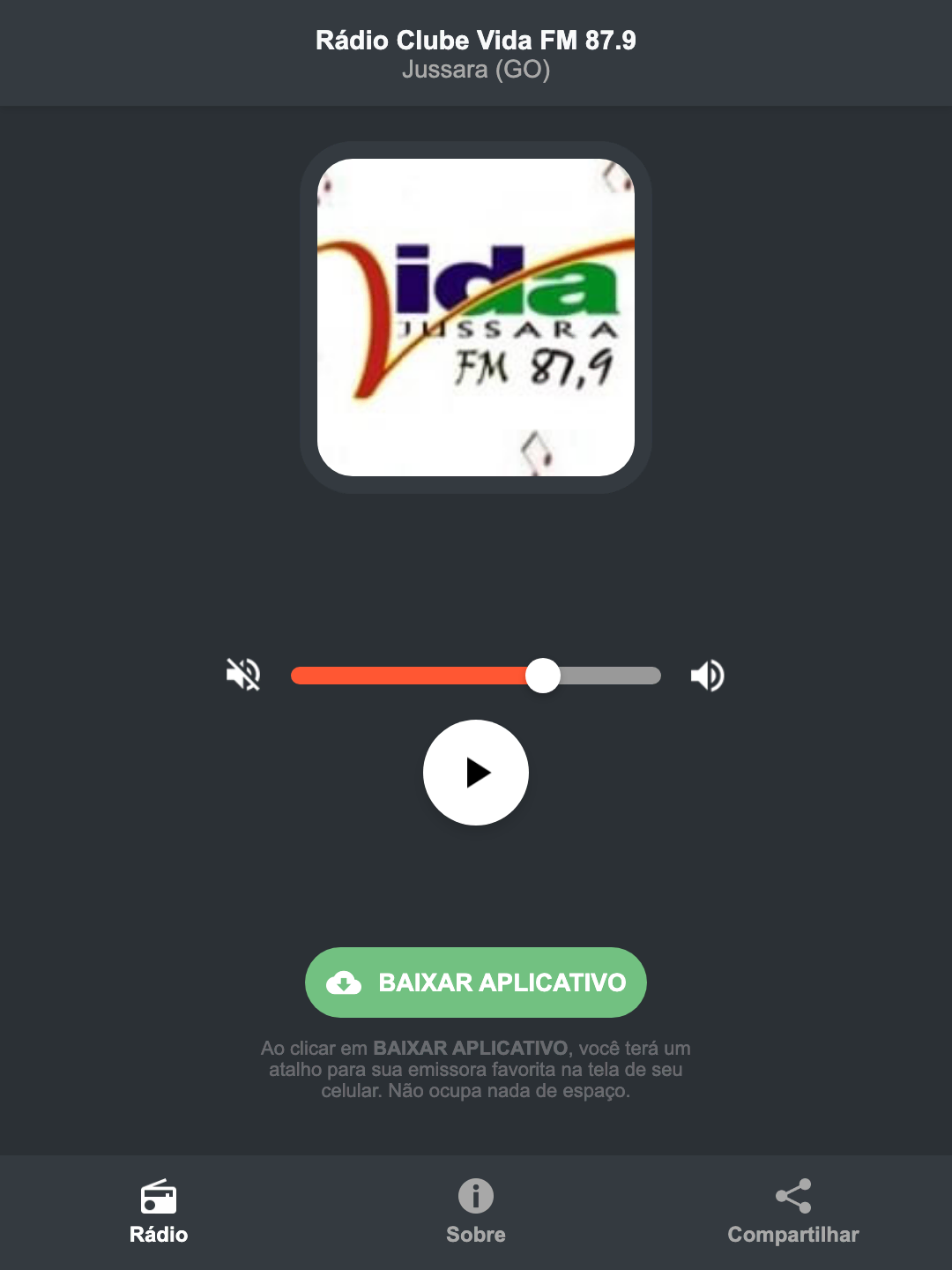 Screenshot do aplicativo da Rádio Clube Vida FM 87.9