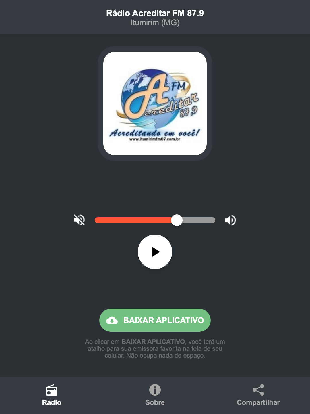 Screenshot do aplicativo da Rádio Acreditar FM 87.9