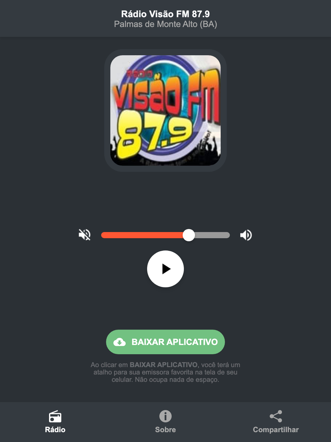 Screenshot do aplicativo da Rádio Visão FM 87.9