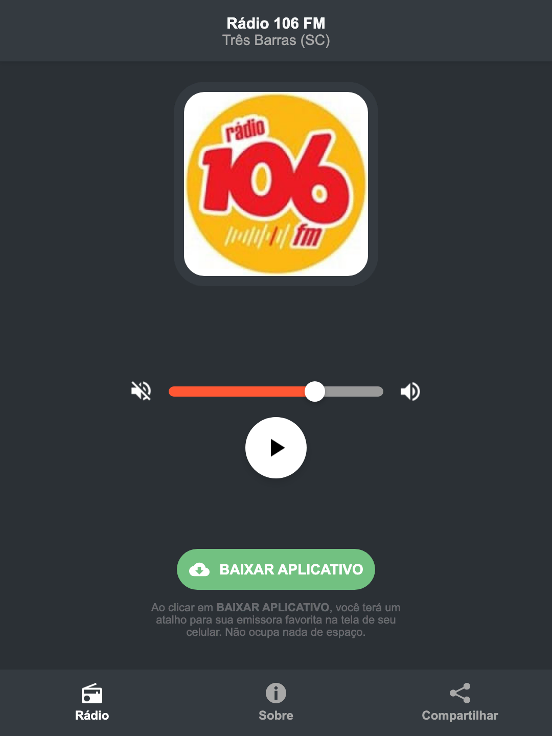 Screenshot do aplicativo da Rádio 106 FM