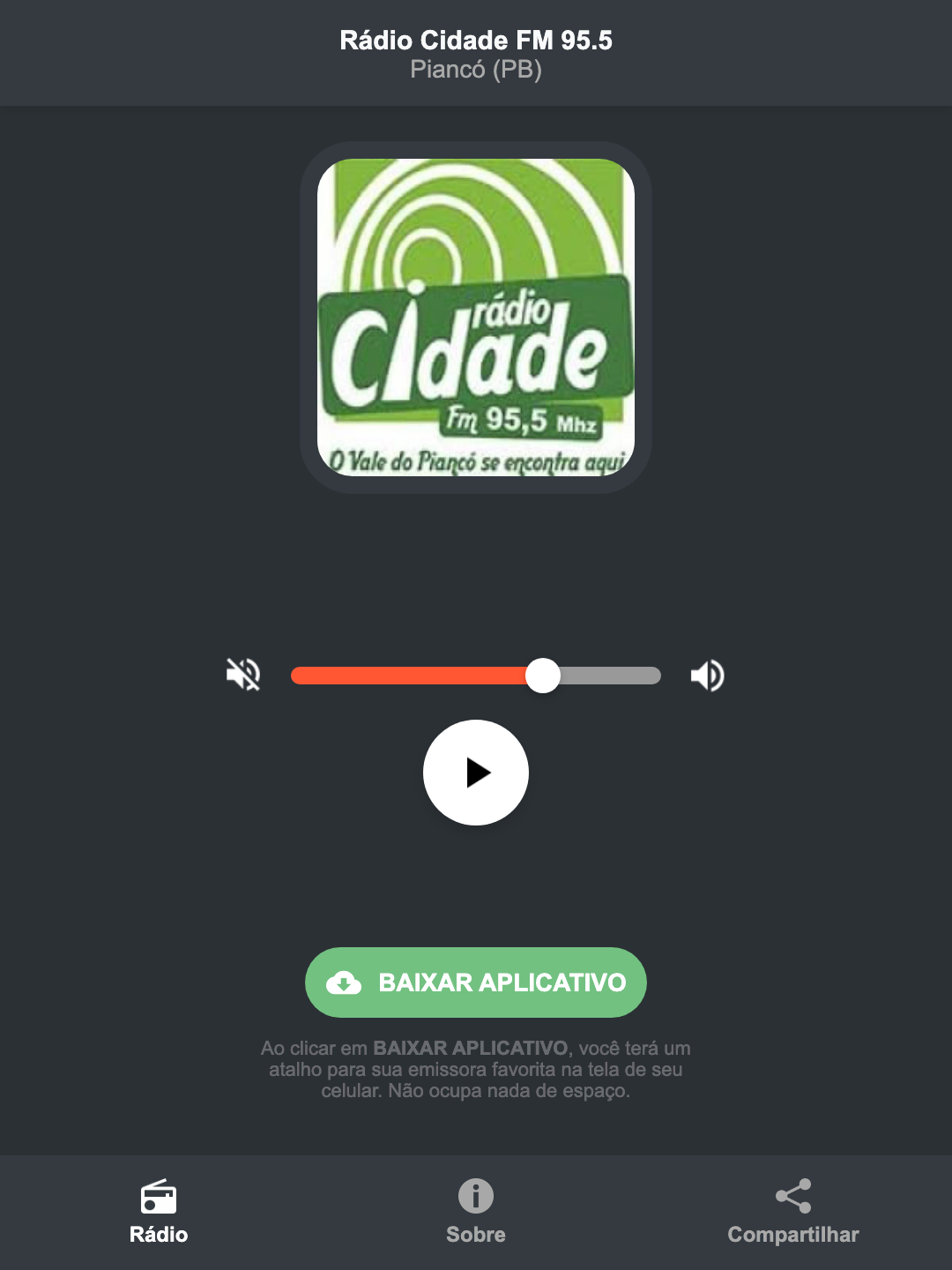 Screenshot do aplicativo da Rádio Cidade FM 95.5