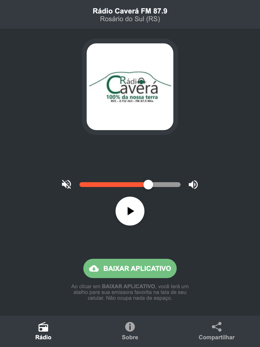 Screenshot do aplicativo da Rádio Caverá FM 87.9